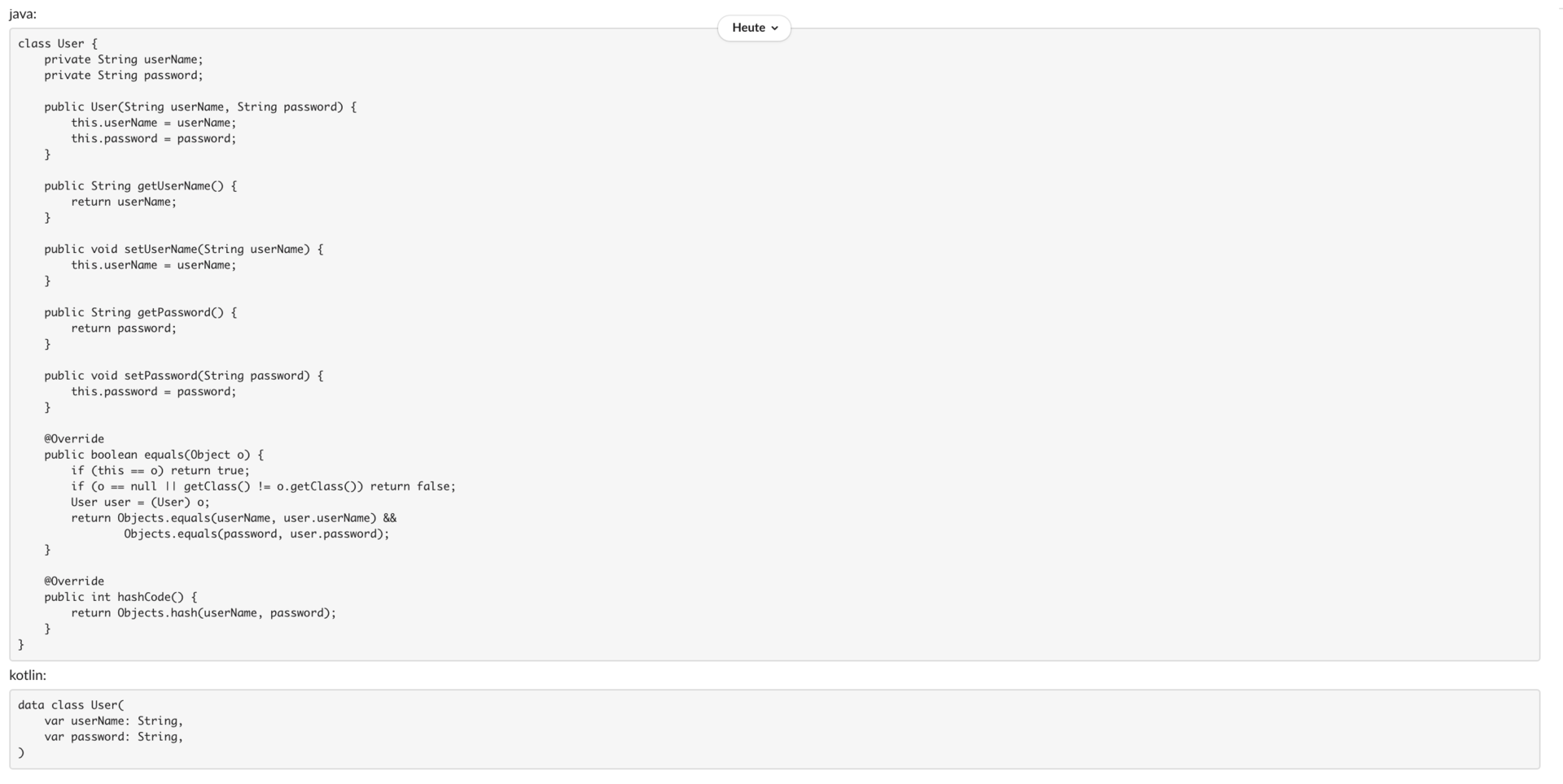 Beispielhafter Vergleich des nötigen Codes in Java und Kotlin